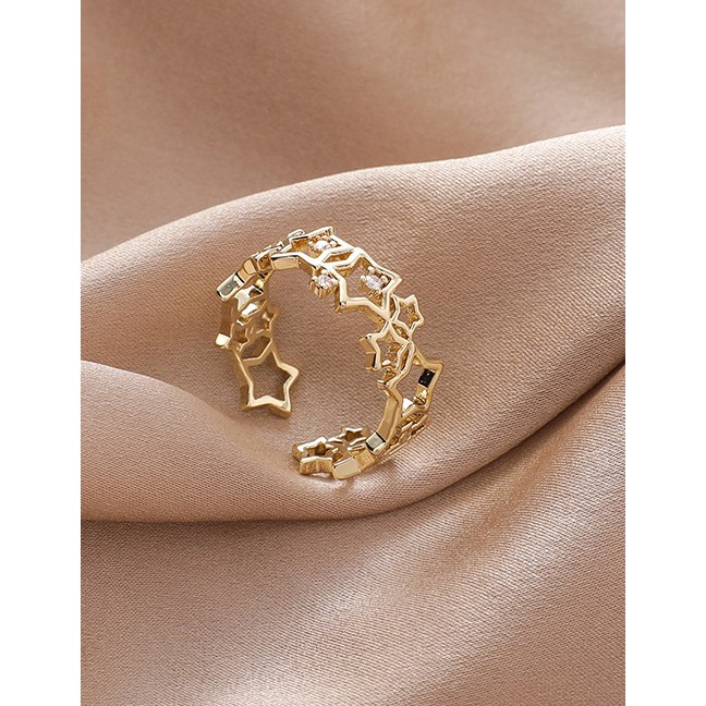 LRC Cincin Fashion Copper Micro Inlaid Zircon Star Hollow Open Ring  K96964