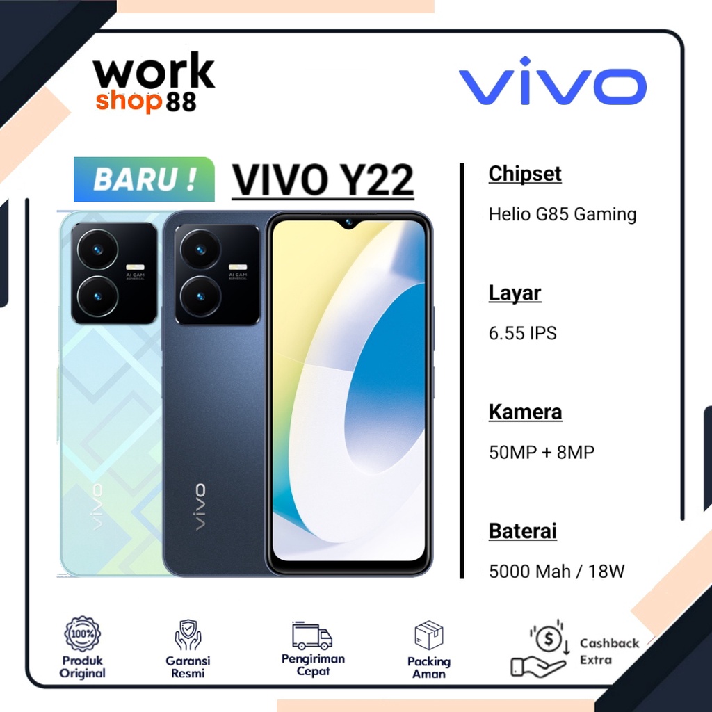 Produk Baru - HP Vivo Y22 - 6GB + 2GB Extended Up To Ram 8GB | Rom 128GB - New Original Garansi Resm