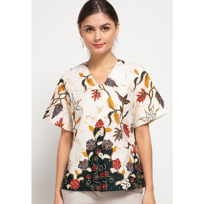 Blouse Fika Batik Multicolor - Batik hijau GT, S-M Blus Shiella hitam putih monokrom pendek lengan p