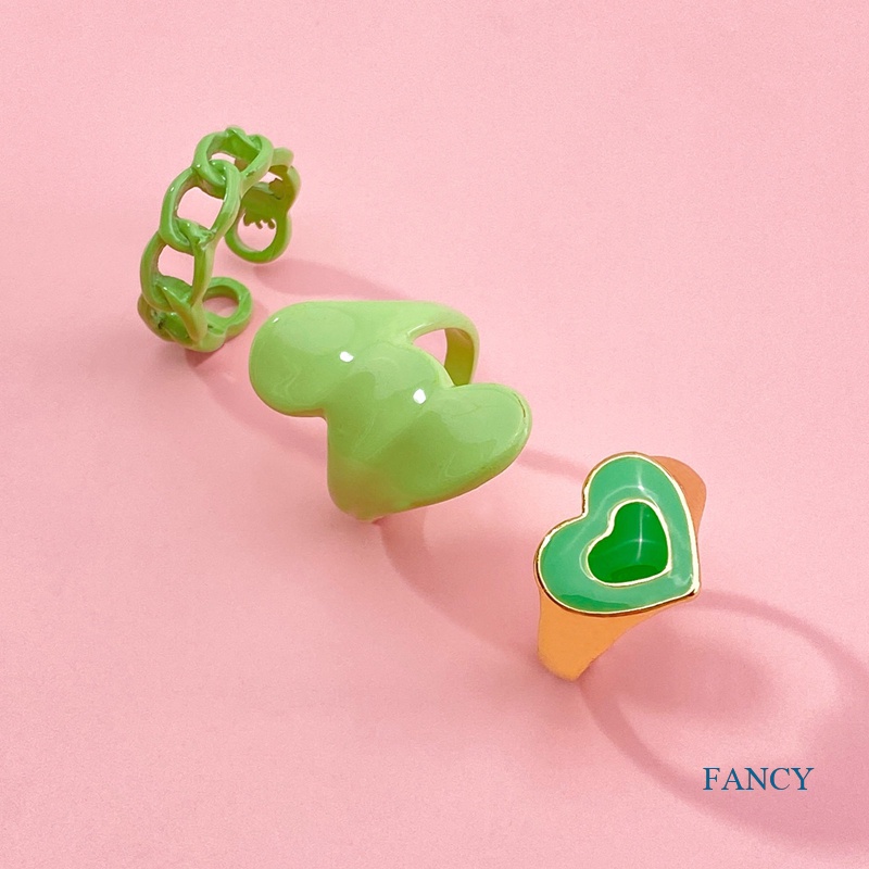 3pcs / Set Cincin Desain Bordir Hati Bahan Metal Warna Hijau Untuk Wanita