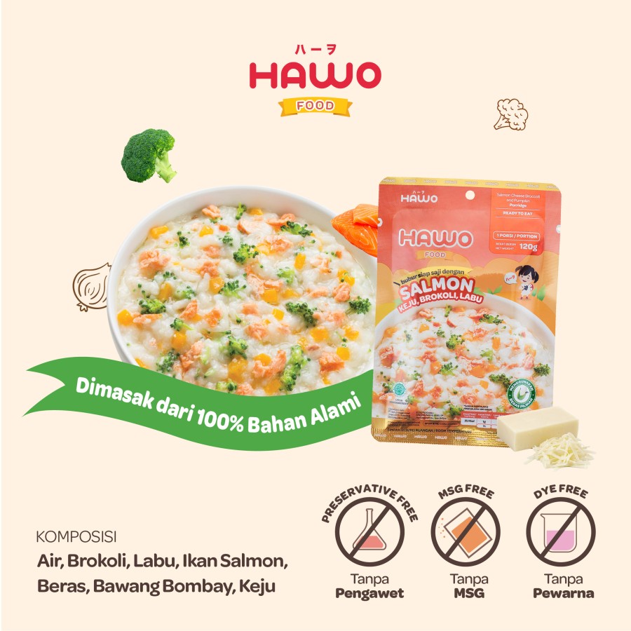 HAWOFOOD BUBUR SIAP SAJI DENGAN SALMON, KEJU, BROKOLI, LABU / 120GR