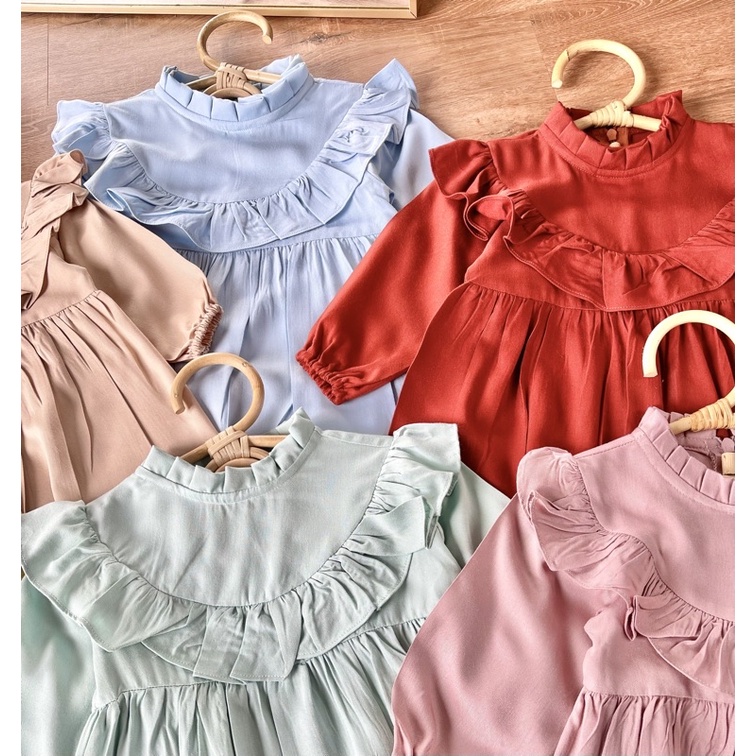 Yobebee Ruffle Korean Dress Anak Perempuan Usia 1 2 3 4 5 Tahun Baju Bayi Korea Gaun Babydoll Daster Kids Basic Polos Warna Pastel Katun Lembut Model Baju Casual Harian Main Santai Anak Cewek