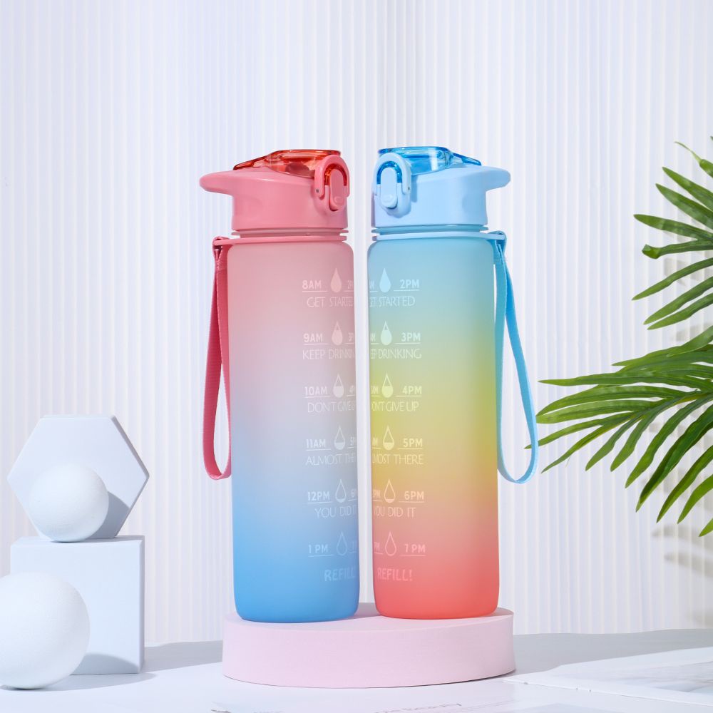 Botol Air Minum Portable 1000ml Warna Gradasi Pelangi Anti Bocor Dengan Sedotan Untuk Travel