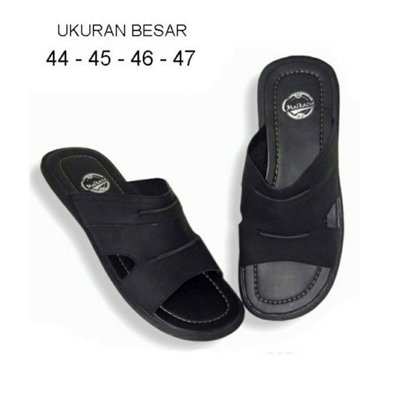 Sandal Kulit Makazi-2 Big Size 44-45-46-47 Sendal Slide Slop Size JUMBO Banget Kaki Gemuk Lebar Hitam, 47