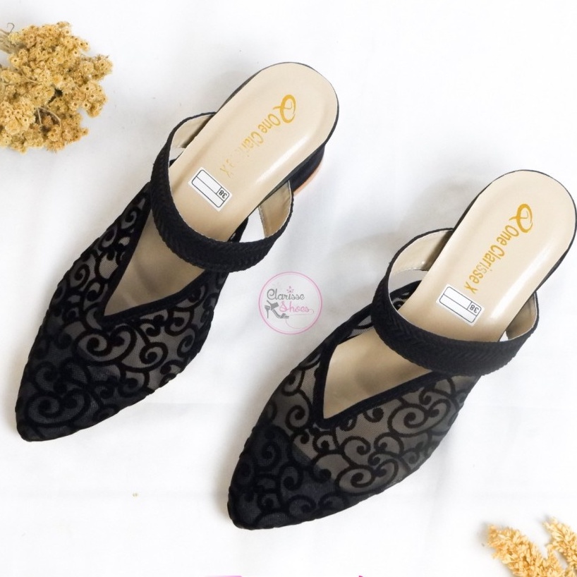 heels  hak tahu Brokat Sandal Selop Wanita premium Nyaman 5cm Chunky hitam Polos suede J9W9 elegan w