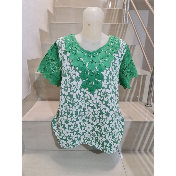 Blouse Brukat Bunga Renda Combi Brukat Impor XL-2XL-51 - Hijau Ld 106