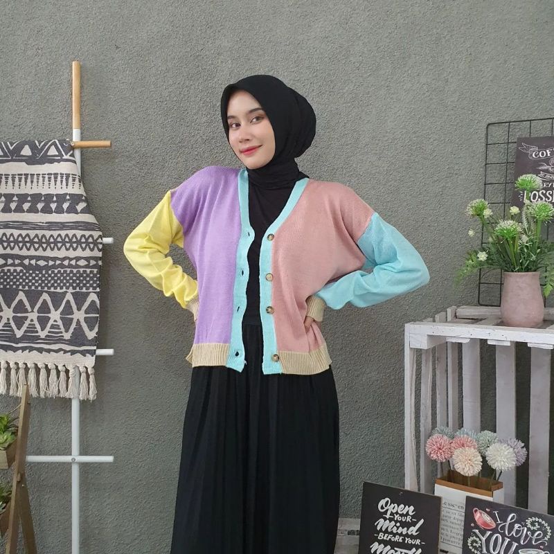 rajut retro rainbow cardigan