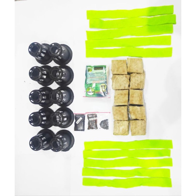 Paket pemula hidroponik 5 in 1, benih bibit, sumbu kain flanel, netpot, rockwool, nutrisi / starter kit hidroponik