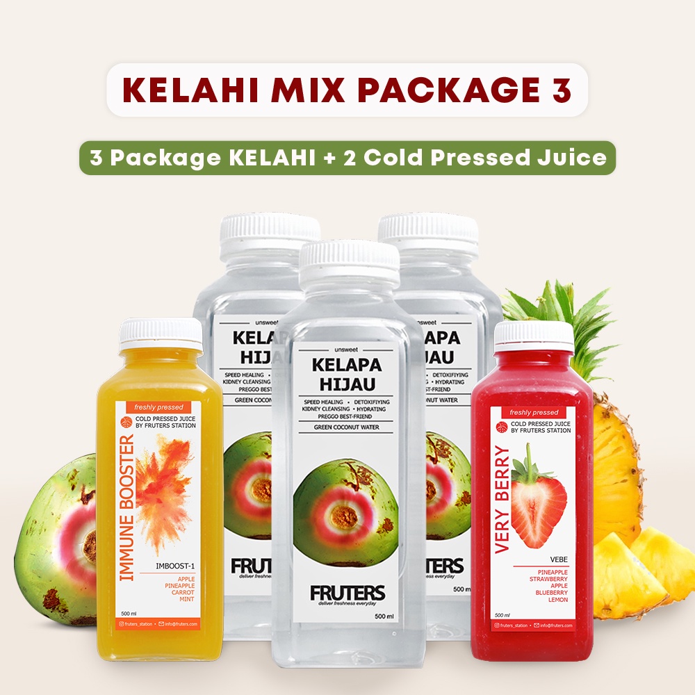 

MIX PACKAGE 5 Botol (3 Kelapa Hijau + 2 Cold Pressed Juice) Fruters Station