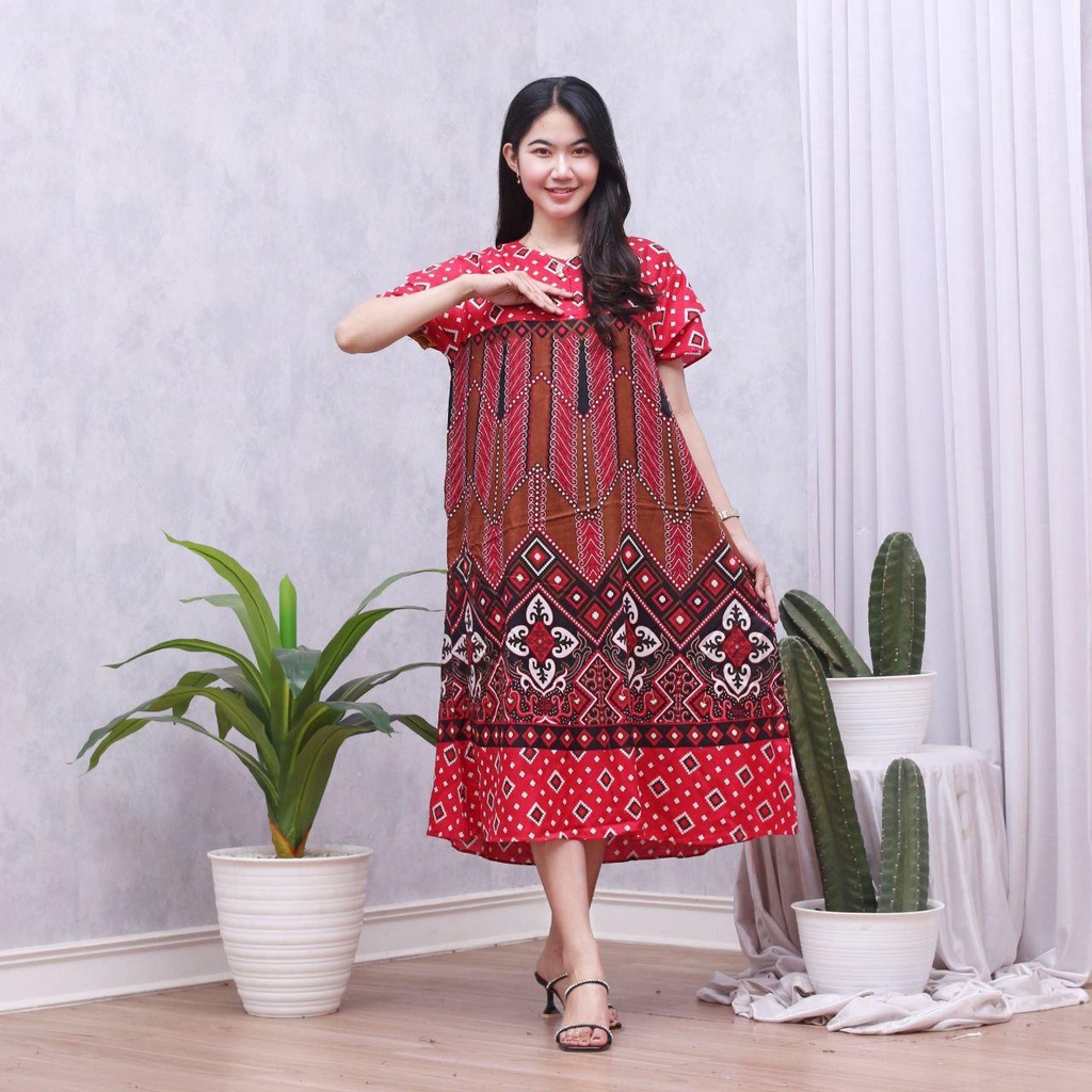 Daster Batik Lengan Pendek - Motif Daun - Leher Kancing (DPT001-133) Batik Prass-NYX MERAH