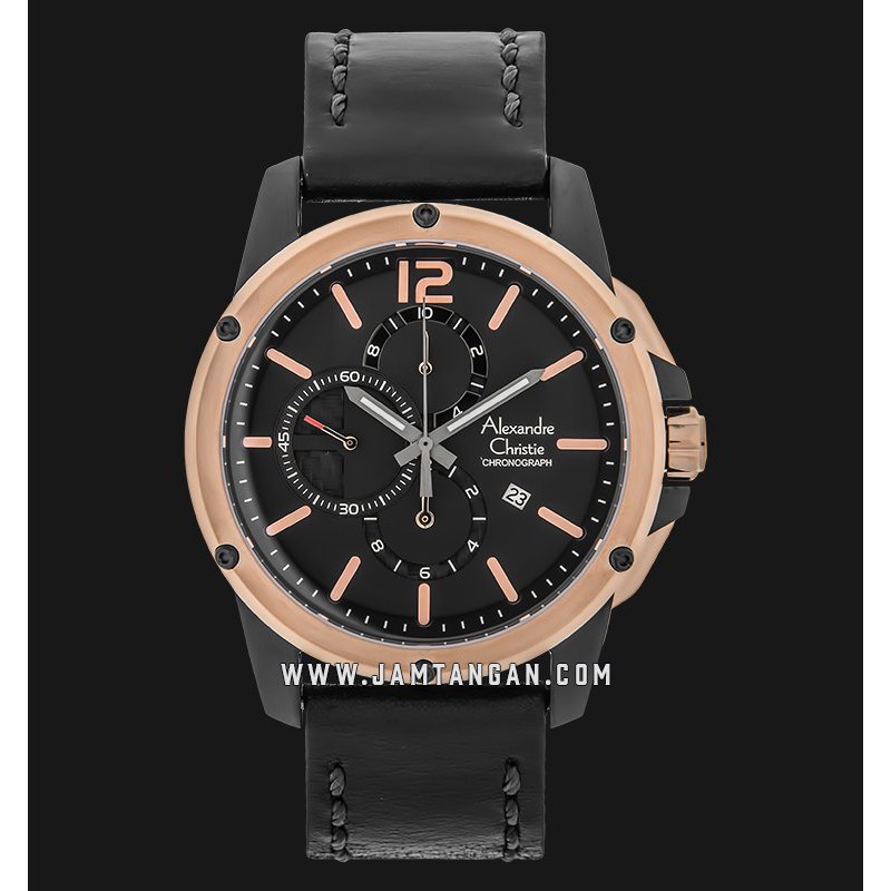Alexandre Christie AC 6486 MC LBRBA Chronograph Men Black Dial Black Leather Strap