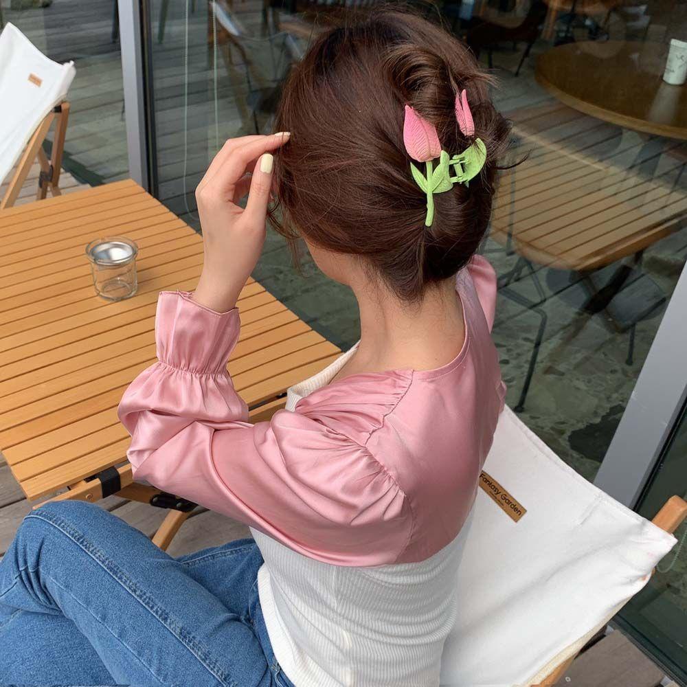 Needway Tulip Hair Claw Sweet Simple French Geometric Hair Claw Gadis Hijau Aksesoris Rambut Wanita