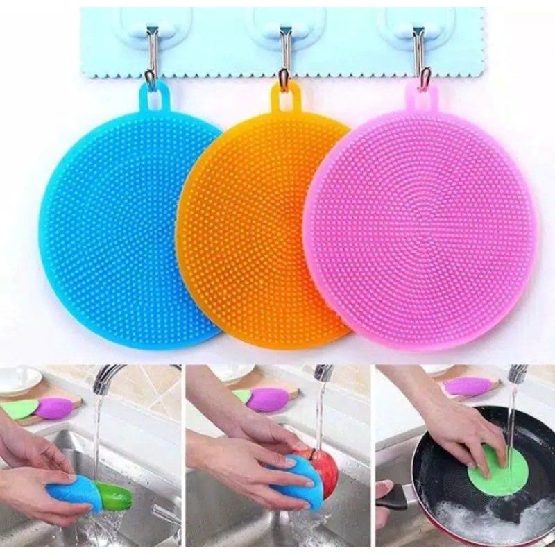 Spons Cuci Piring Silikon Serbaguna Spon Sponge Silicone Bulat Busa Alat Dishwashing Sikat Bulat Warna serbaguna