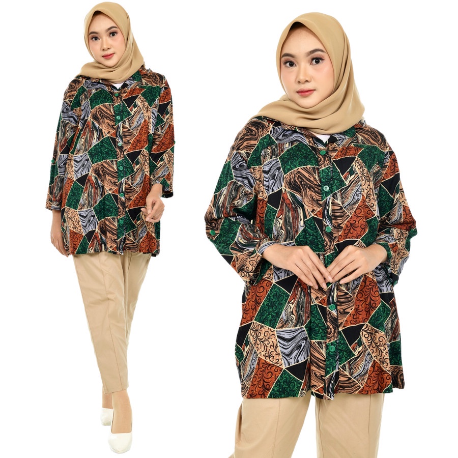 Kemeja Atasan Wanita Jumbo Katun Rayon Oversize Adem Batik Solana