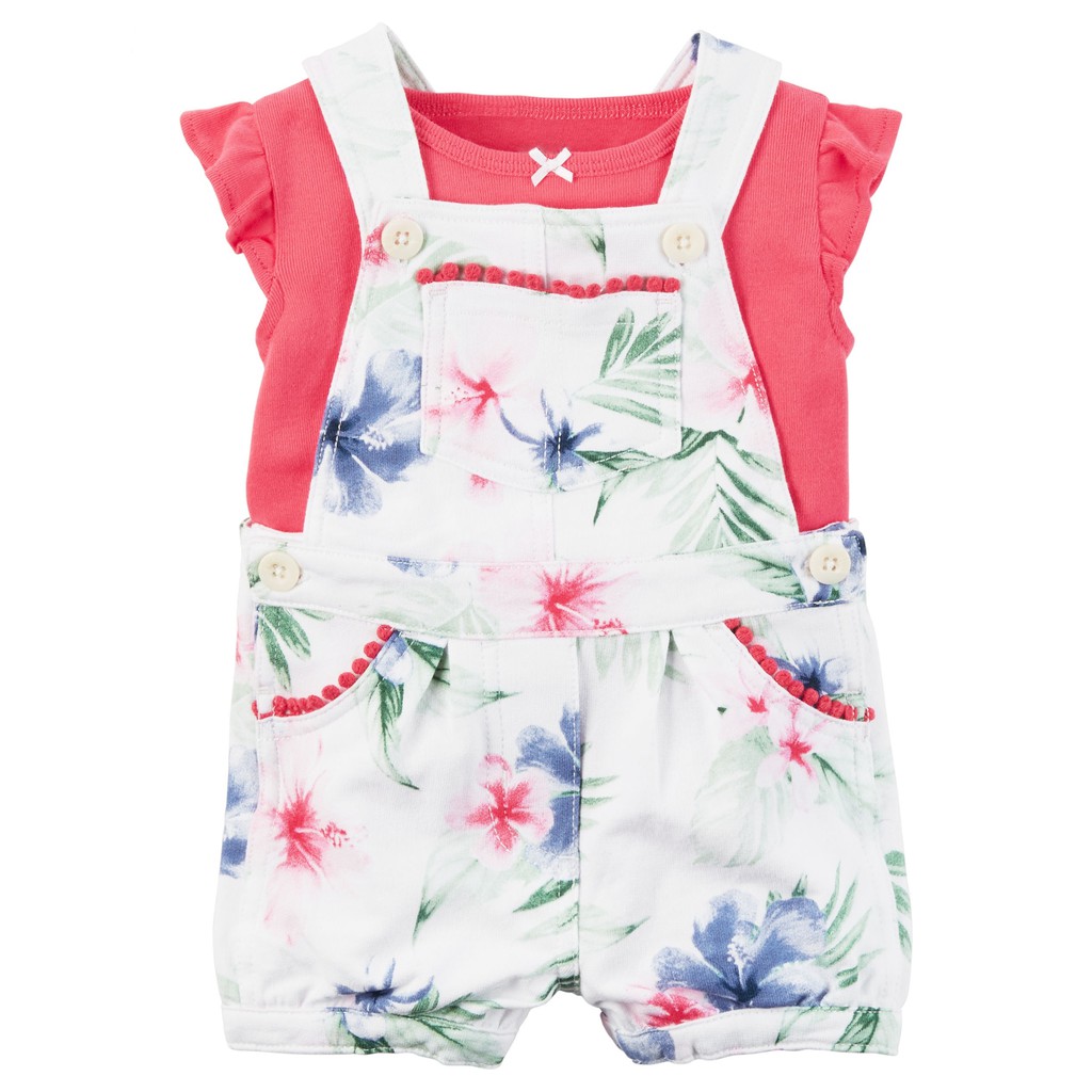 Carter pink shirt and white floral overall baby girl| Setelan overall carter baby girl