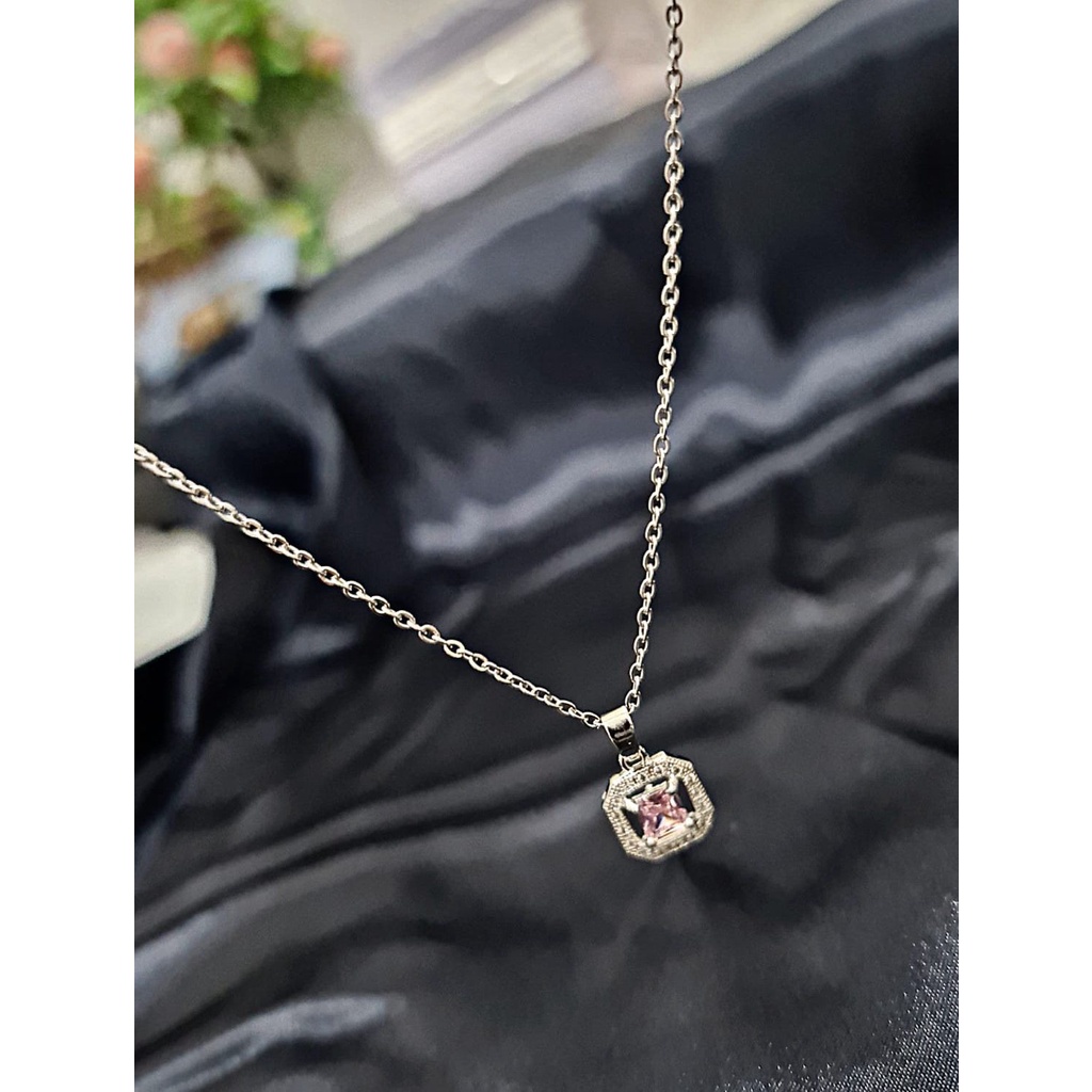 COD! kalung titanium liontin kotak mata pink anti karat import