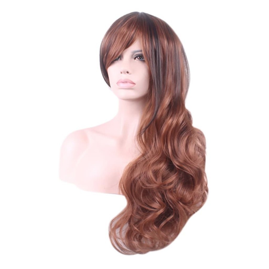 Wig blonde brown black wavy rambut palsu gelombang panjang