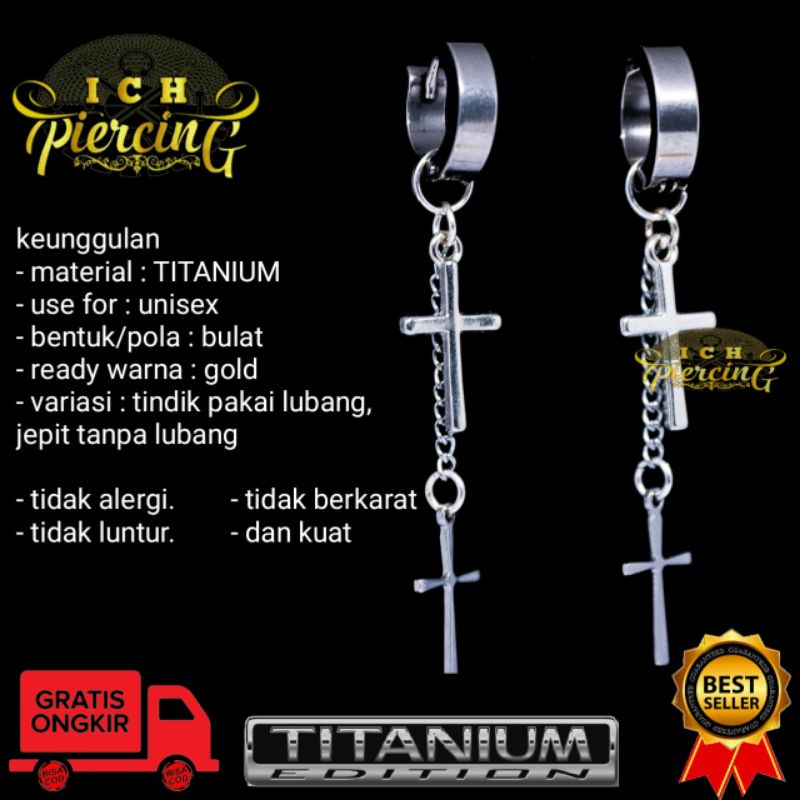 anting tindik dan jepit model salip dobel silver / anting tindik dan jepit silver titanium / DD-5 / ICH PIERCING