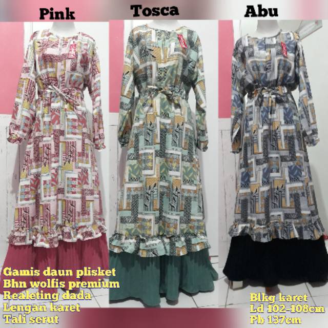 Gamis plisket bawah motif daun etnik