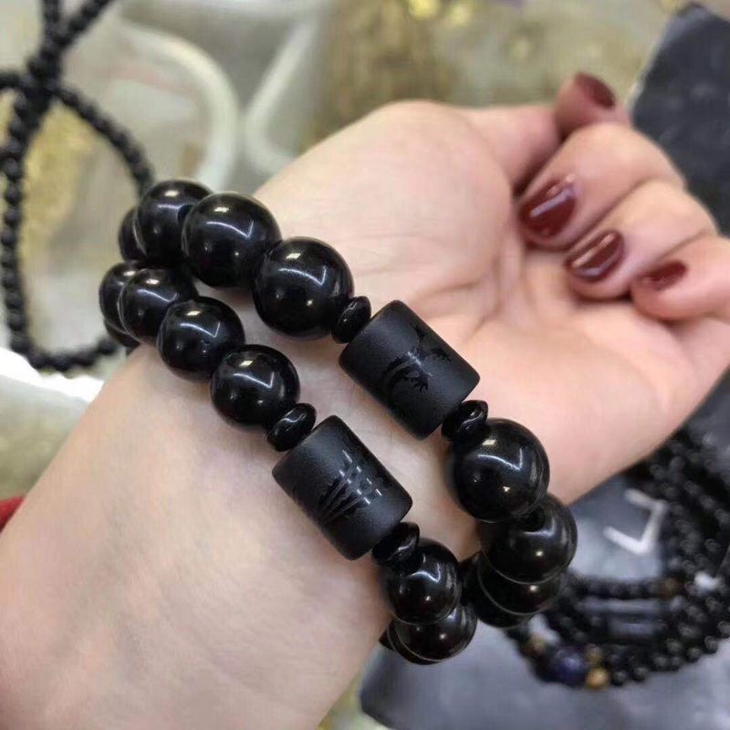 Gelang Manik-Manik Obsidian Bulat Motif Naga Phoenix Warna Hitam Gaya China