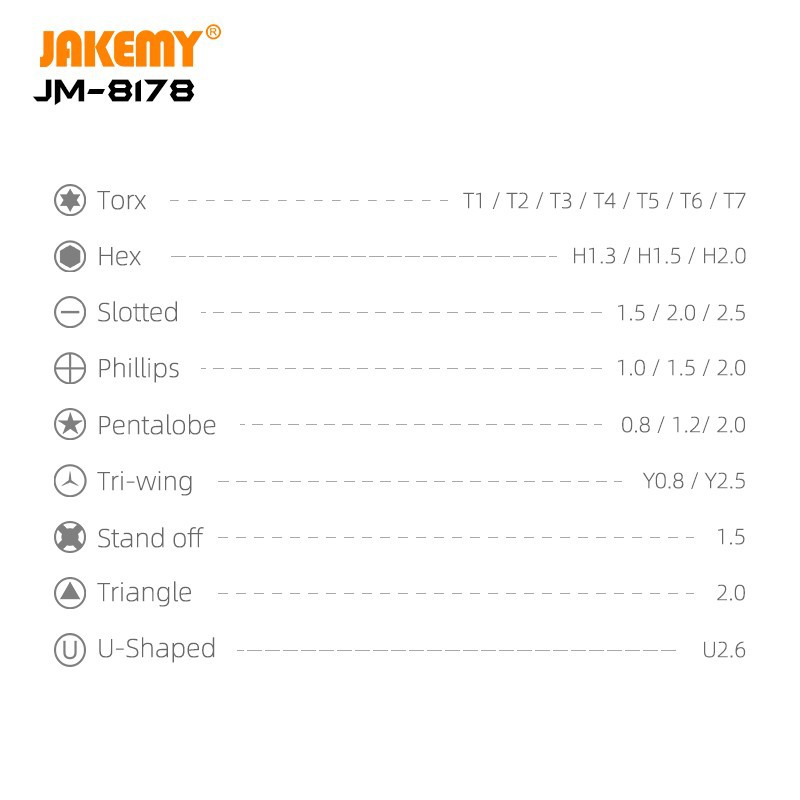 Jakemy JM-8178 26 in 1 Obeng Set Torx Lubang Tengah T1 Tri-wing Handphone