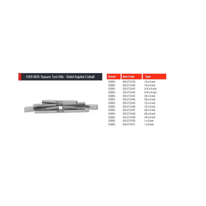 Betel Kapital Pahat Bubut (Square Tool Bits) EISEN 1/2 x 1/2 x 6" w/ Cobalt