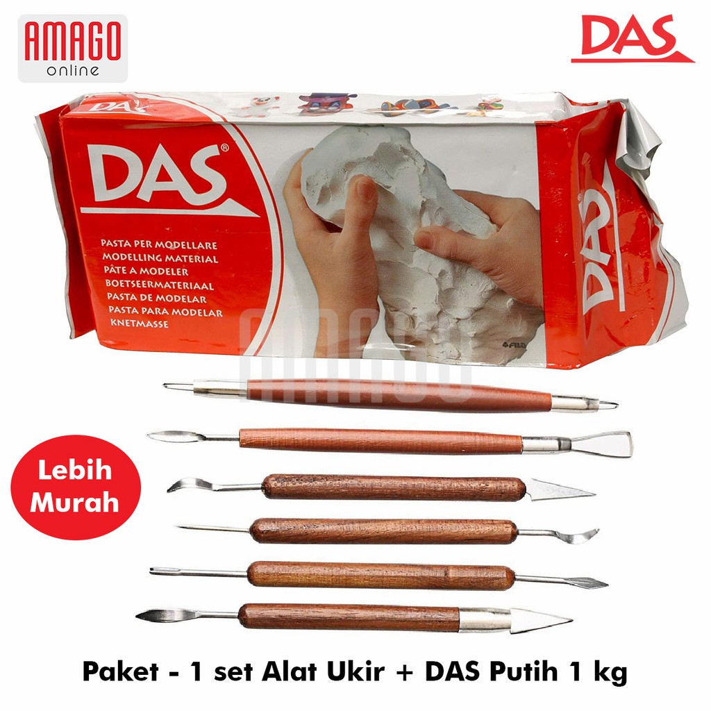 Paket Murah - 1 DAS Modelling Clay 1 kg Putih + 1 set Alat Ukir Clay Gagang Kayu isi 6 alat