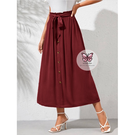 Rok Nindy Panjang Moscrepe Tebal Premium - Rok Korean Skirt Ribbon - Rok Rempel Pita Kancing