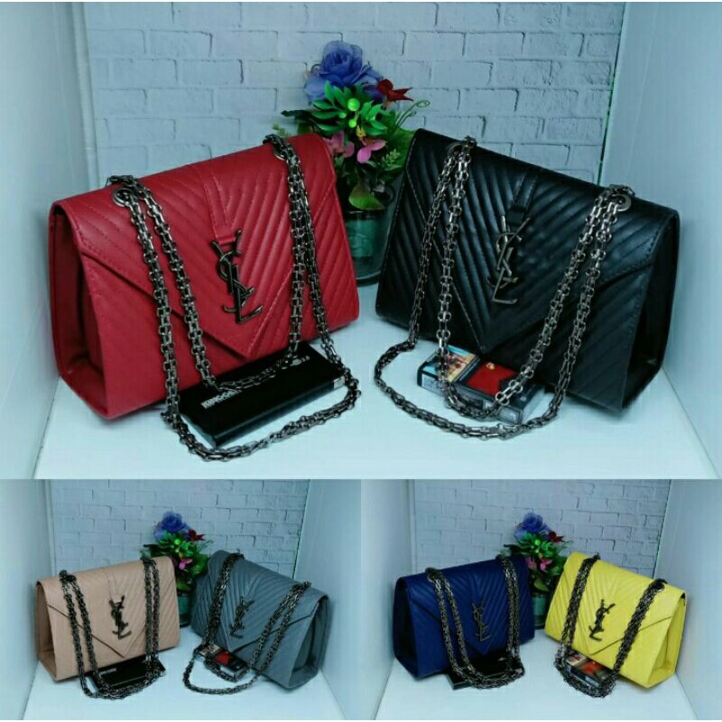Tas Selempang Wanita Ysl Bordir Salur Rantai Ros Black