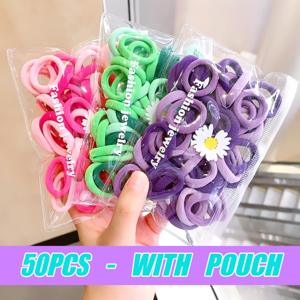 50PCS KARET IKAT RAMBUT POLOS KOREA MIX WARNA FREE POUCH (VH)