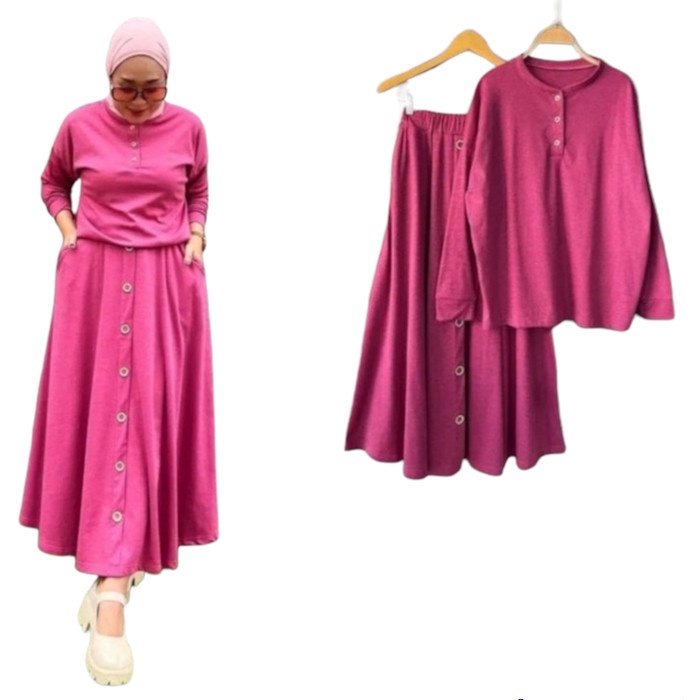 setelan rok wanita muslim terbaru/set rok blouse polos Lengan panjang - Fuschia