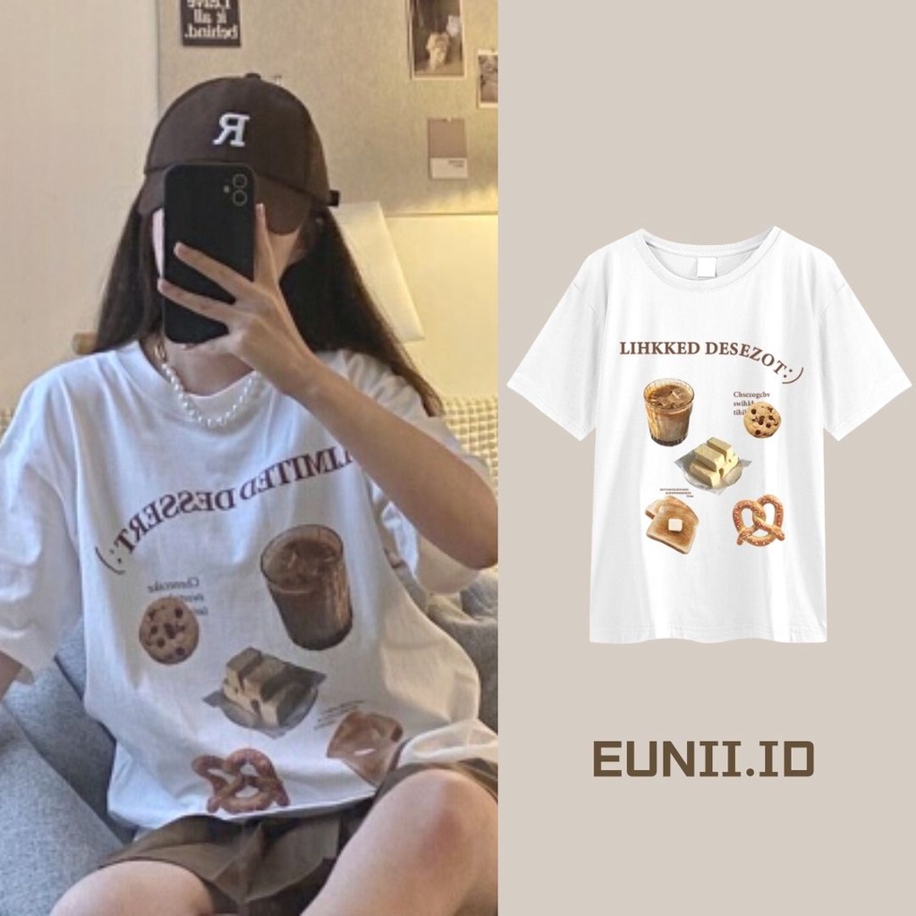 EUNII T-shirt Lengan Pendek Kartun Hidangan Penutup Pencetakan Longgar Korean Style/Kaos Atasan Wanita/Baju Kaus Oversize Wanita