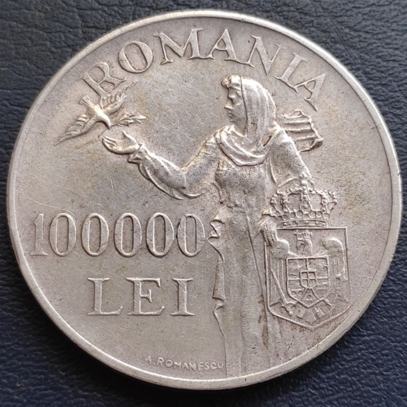 Uang Koin Perak Kuno 100000 Lei Romania Tahun 1946 Silver Coin