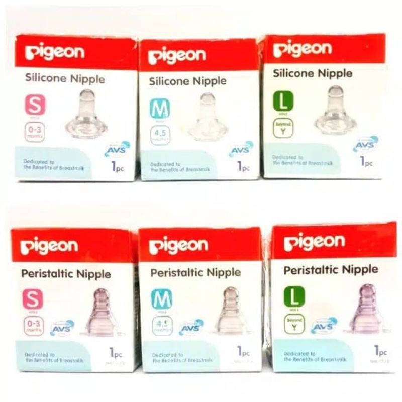 Nipple Pigeon Slim Neck Lubang Bulat Peristaltic S, M, L isi 1pcs, 2pcs, 3pcs