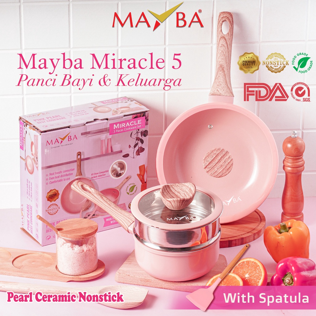 MAYBA MIRACLE 3 pieces keramik mutiara Wajan Wok 24cm and panci susu milkpan 16cm- Panci Keramik Set Maybe Ceramics