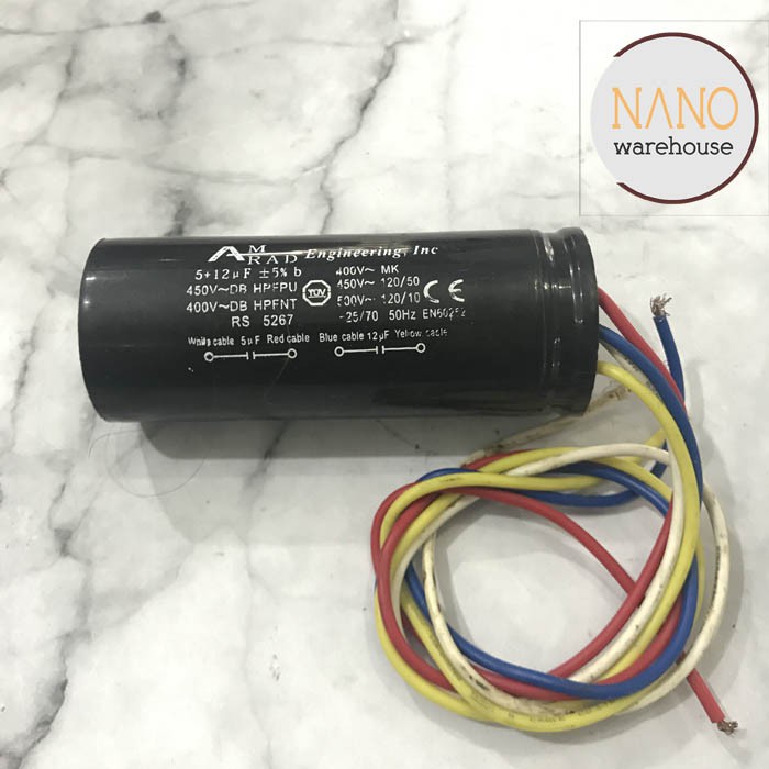 Kapasitor Mesin Cuci Double 4 Kabel 12 uf + 5 uf 450V
