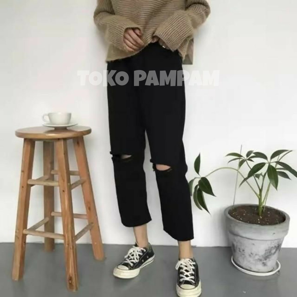 highwaist boyfriend jeans black hitam custom ripped knee highwaist boyfriend jeans black hitam custom ripped knee