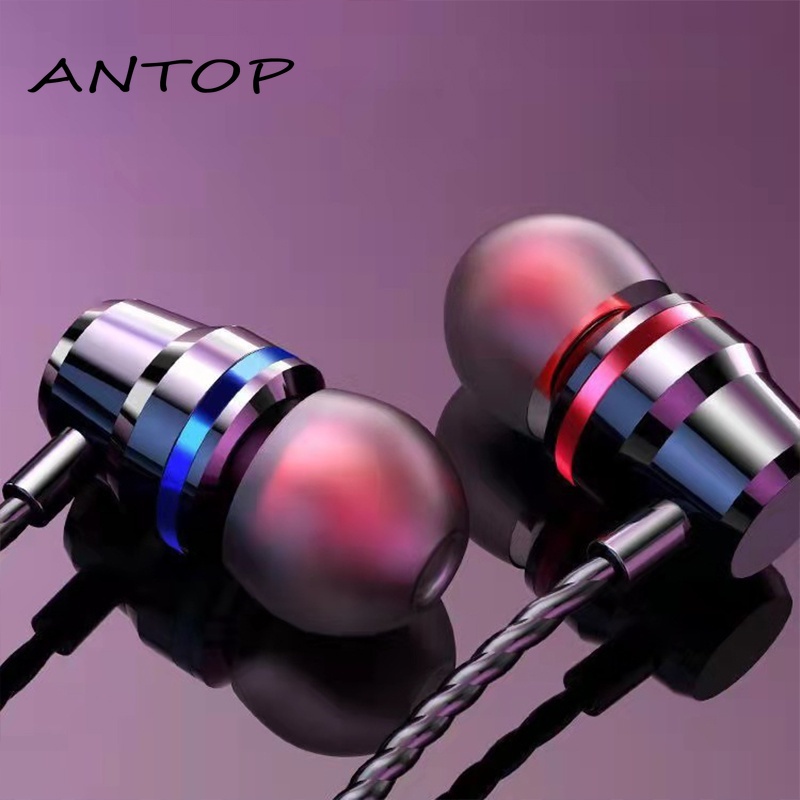 Super Bass Metal Headset Bass Stereo Earphone Headphone Kabel Dengan Mic Telepon Universal ANTOP