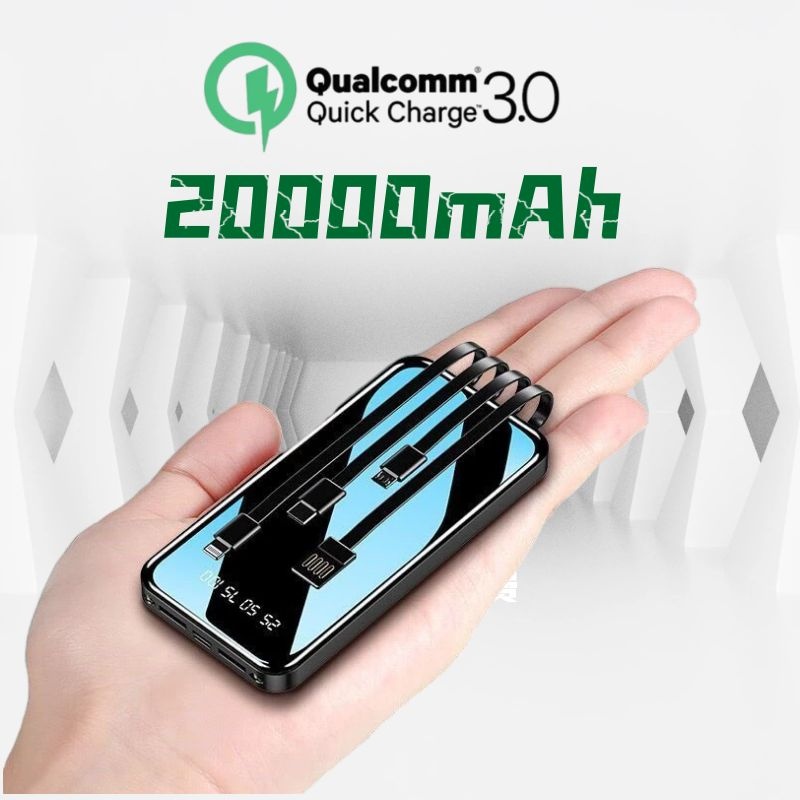 Powerbank 20000mAh 4 Cables Fast Charging Full Capacity Mini Dual USB Portable Digital Display LED JIYANG