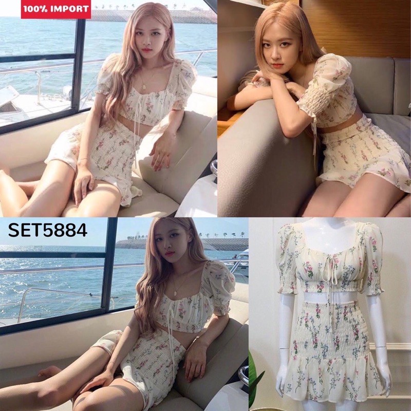 HMC- S5884  SET ROSE BLACKPINK TOP+ SKIRT / SETELAN WANITA