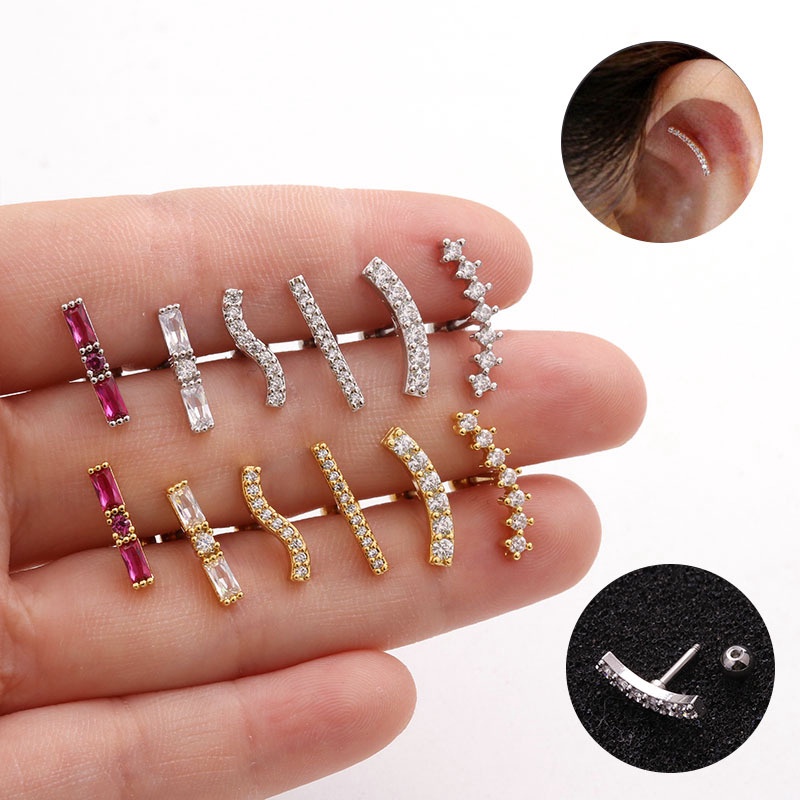 1PC Silver And Gold Color Curved Wave Bar Cz Cartilage Stud Helix Cartilage Piercing Jewelry Tragus Rook Conch Earring