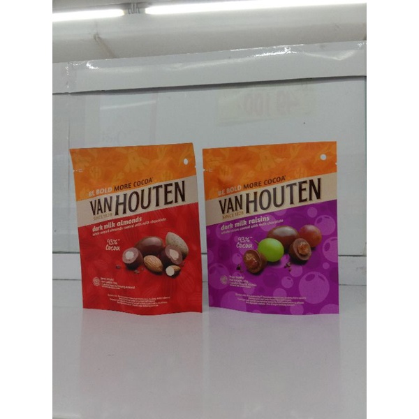

Coklat VAN HOUTEN Pouch 40gr Raisins,cocoa almond dan dark milk Almond.