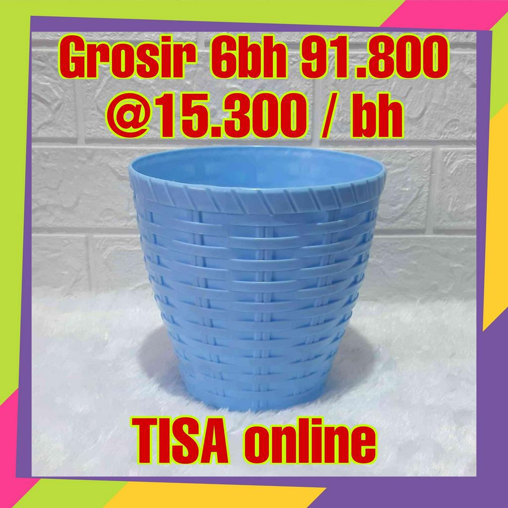 1092D [Grosir] pot bunga plastik warna anyaman bambu / Pot tanaman hias