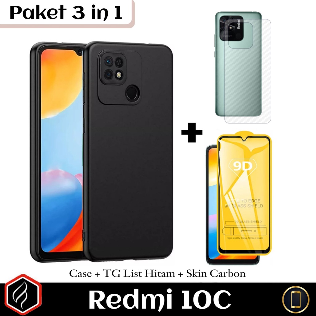 [PAKET HEMAT 3 in 1] Xiaomi Redmi 10C Case BlackMatte + Anti Gores Layar Full Cover Free Tempered Glass Camera / Skin Carbon | Case Premium Black Protection Camera Redmi 10c Tempered glass