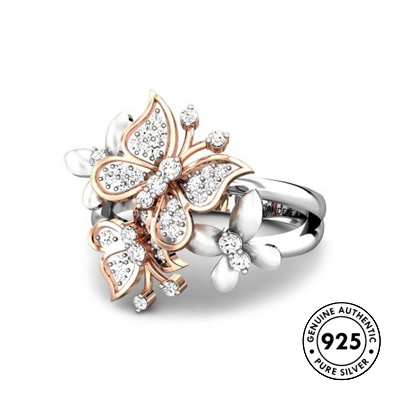 Cincin Bentuk Kupu-Kupu Aksen Berlian Bahan S925 Silver Plated Warna Rose Gold Butterfly