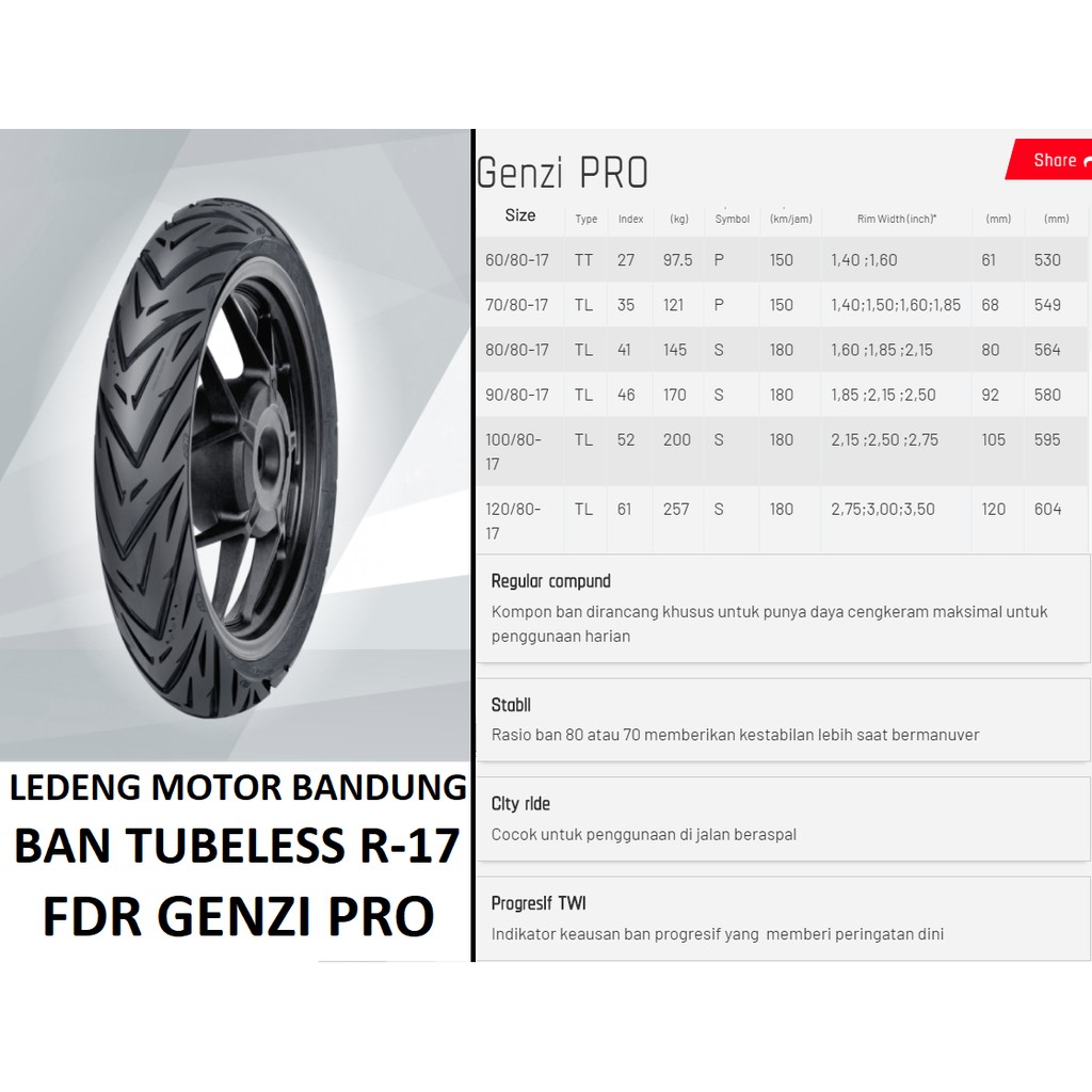 FDR 70/80-17 Genzi Pro Tubeless Motor Bebek Roda Depan