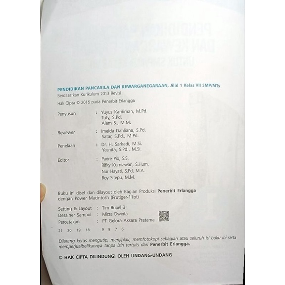 BUKU PKN PENDIDIKAN PANCASILA DAN KEWARGANEGARAAN KELAS 1SMP PENERBIT ERLANGGA KURIKULUM 2013 [BUKU BEKAS]