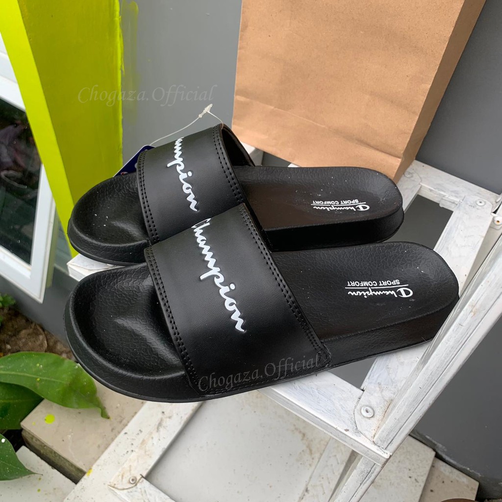 SENDAL SLOP SANDAL SLIDES LOGO CHAMPION BLACK | SANDAL SLIDE PRIA