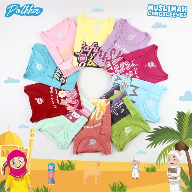 Kaos anak perempuan muslimah longsleeve wanita mulia polkka size 6-14 T kaos sahabat nabi polkka