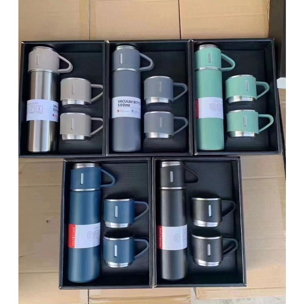 Termos Vaccum Flask Panas Dingin 500ML 1 Set Bonus 2 Gelas-Botol Minum 500ml Termos Vaccum Flask Thermos Vakum Bisnis Stainless 1 Set